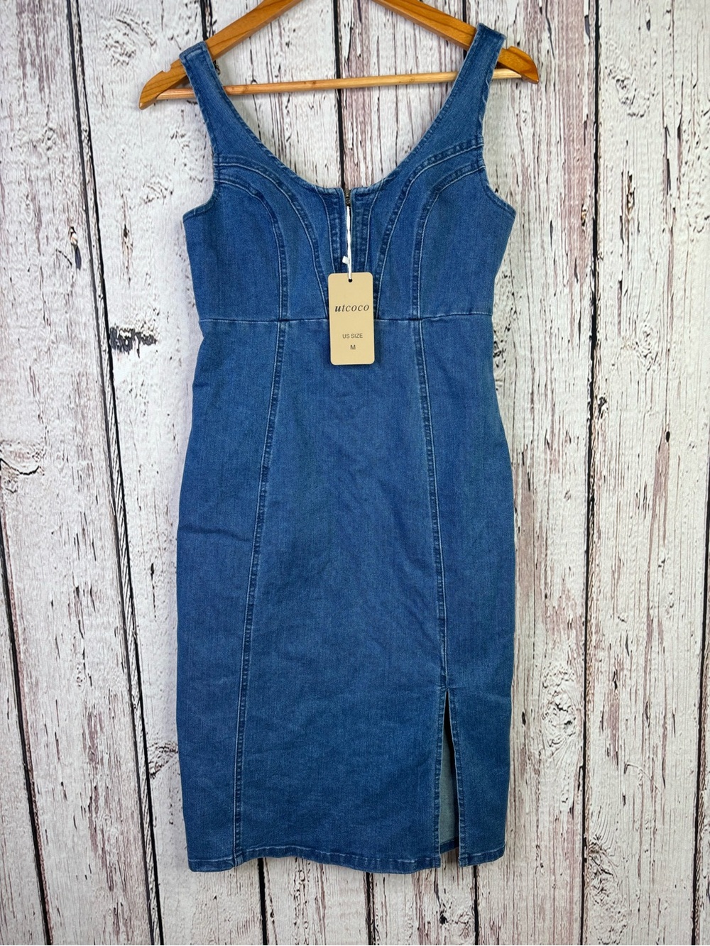 🏷️NWT Utcoco Women’s Denim Sleeveless Bodycon Dress Size Medium Midi Slit Zipper